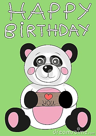 Happy birthday card with cute plush panda Vector Illustration